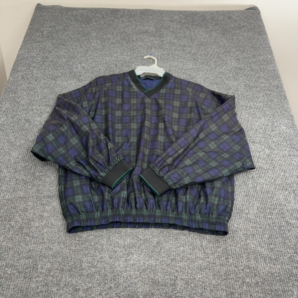 Woodlake Windbreaker Mens XL Green Blue Polyester Plaid V Neck Golf Pullover - Picture 2 of 9